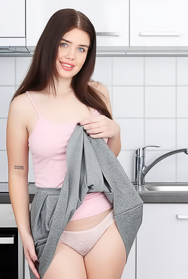 Brill Angel Work On Her Big Naturals And Bald Pussy Right In The Kitchen