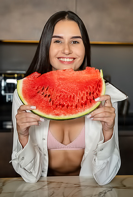 Cristin Tantalizes On Marble Counter With Watermelon And Pink Lingerie