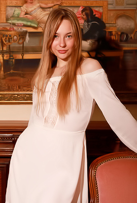>Kennedy Gracefully Perches On Antique Chair Spread Legs Teasing With Naughty Grin