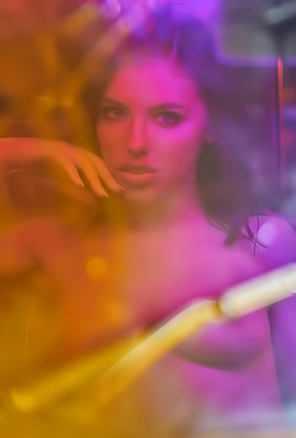 Adriana Chechik Posing In Pink Lights With Jeans And Lace