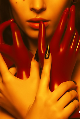 Dirty Cross Necklace Glowing Against Skin as Carolina Ballesteros Positions with Red Gloves